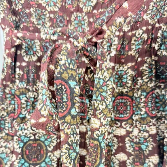 Patrons of Peace Brown Burgundy Medallion Floral Autumn Boho Mini Wrap Dress NEW - Picture 13 of 16